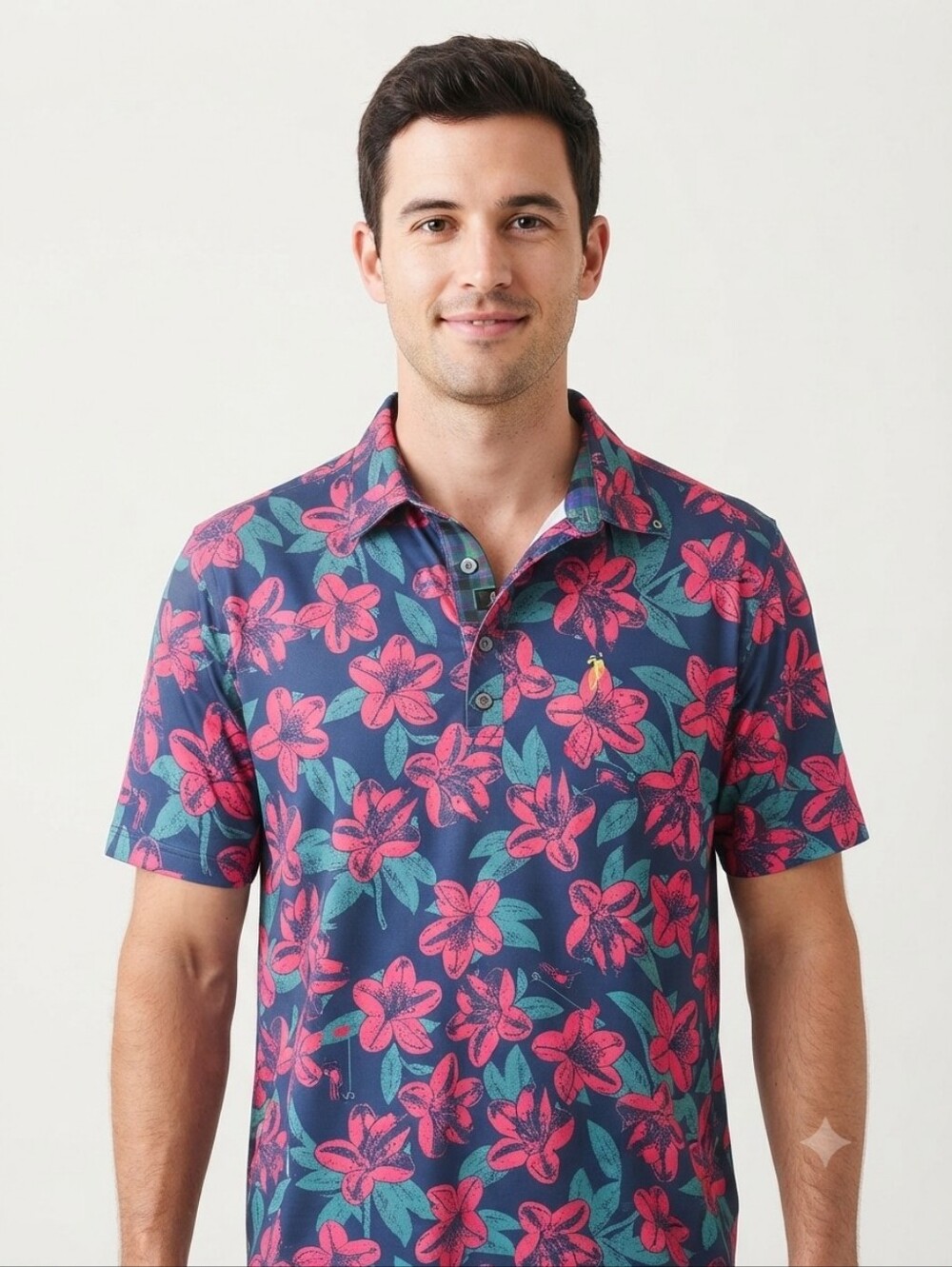 William Murray Golf Navy Polo with Pink Floral Print